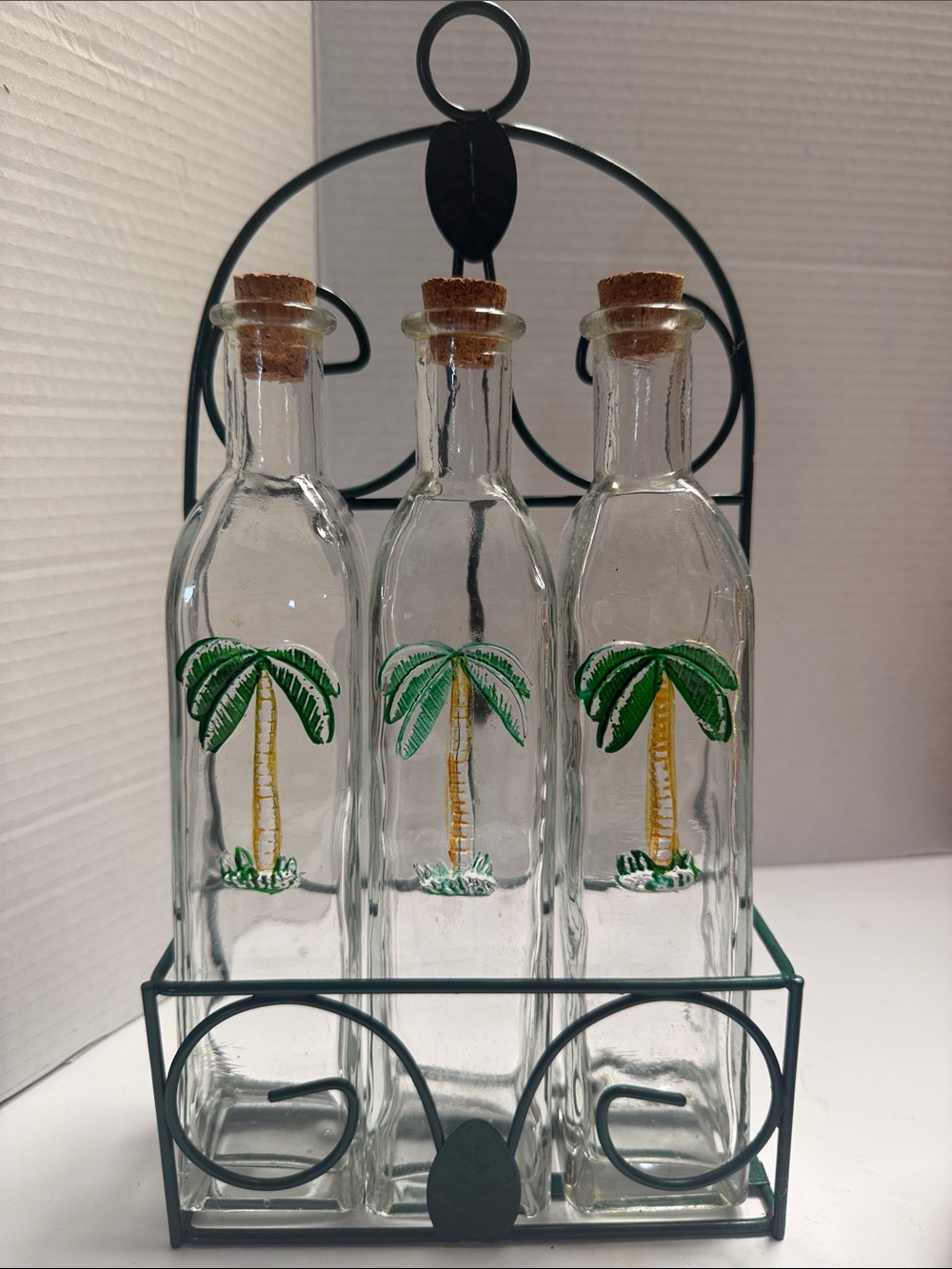Palm Tree Glass Bottle Set with Metal Carrier - Clear, Green, Yellow - Picture 1 of 4